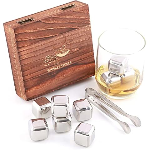 Whisky/Whiskey Sipping Stones Gift Set of 9 Natural Soapstone and Granite Chilling Rocks with Stylish Box and Free Velvet Pouch (9pc Stainless Steel) Cover