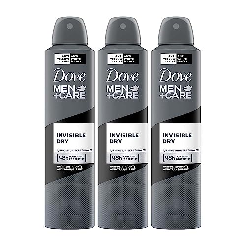 Image of Dove Men+Care Invisible Dry Spray Antiperspirant Deodorant, Up To 48 hrs Protection From Sweat & Odour, Instantly Dry for Cleaner Feel & Leaves No White Marks or Stain, Soothes & Moisturises Skin, Warm, Oriental Scent, 250ml (Pack of 3)