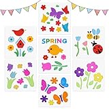 Whaline 7 Sheets Spring Window Gel Clings Flowers Butterflies Bee Beetle Bird Double Side Window Jelly Stickers Decals Decorations for Refrigerators Bedroom Home Office School Holiday Party Gift