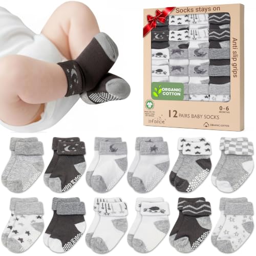 Image of GOTS Organic Cotton Blend 12 Sock Shoes Babies 0-6 M Unisex Non Slip Gift | Oeko-Tex Certified, Baby Socks, 12 Pairs, Newborn Socks Girl, Girls Ankle Socks, Black, Unisex Design, 0-6 Months,