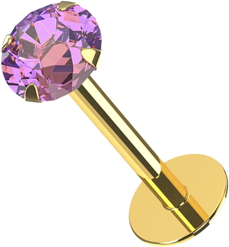 Amethyst , Garnet , Preidot Green , Blue Topaz Natural Gemstone Threadless Top 14K Solid Yellow Gold 20 Gauge - 6mm , 7mm , 8mm Lip Labret - Tragus Bar Piercing - Labret Stud Helix - Tragus Piercing Jewelry