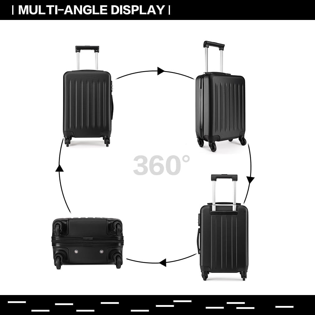 Diagram showing the Kono luggage from multiple angles, emphasizing its 360-degree maneuverability.