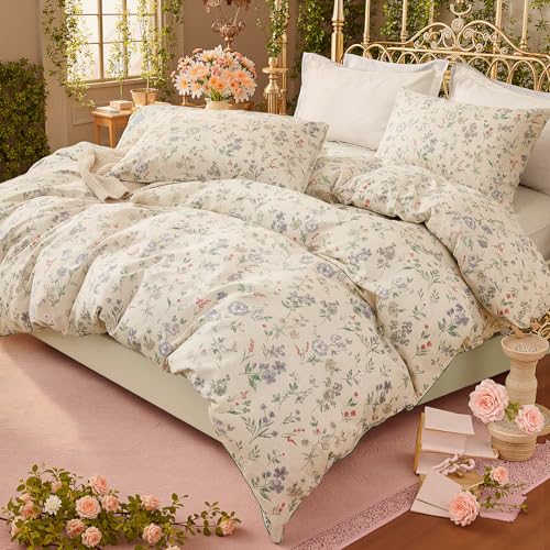 Herside Boho Floral Bedding Set King Size 100% Cotton Duvet Cover Set Reversible Bedding Sets 3 Pcs Botanical Flower Printed Lightweight Quilt Cover Sets All Season with 2 Cotton Pillowcases - Image 5