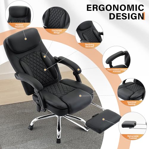 Image of 500LBS Massage Office Chair, 6 Points Vibration & Heat Executive Office Chairs, 135Reclining Comfy Desk Chair with Foot Rest, Wider & Thicker Seat Cushion, PU Leather Big and Tall Gaming Chair, Black