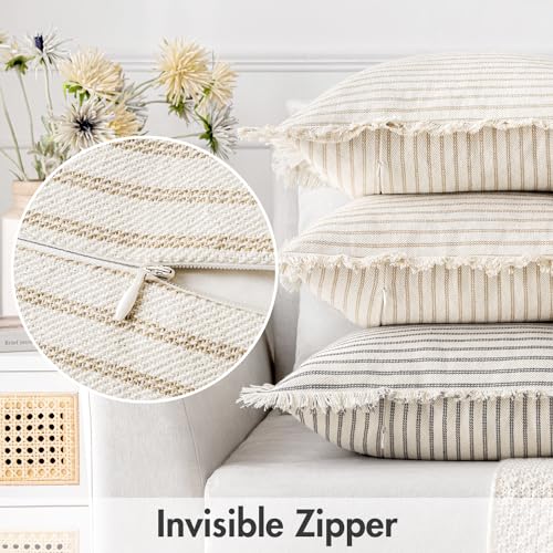 MIULEE Pack of 2 Khaki Pillow Covers 24x24 Inch Striped Farmhouse Couch Throw Pillow Covers with Fringe Chic Linen Decorative Cushion Eruo Sham for Sofa Living Room Bed Outdoor Home Decor by MIULEE - Used condition - Image 3