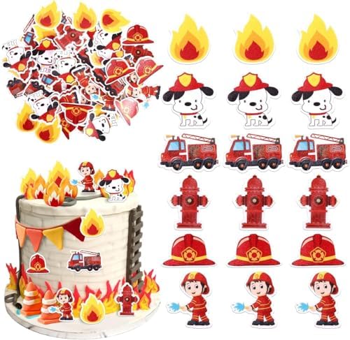 60 Stück Essbar Feuerwehrauto Tortendeko Waffelpapier Feuerwehr Auto Cupcake Toppers Essbar Feuerwehr Kuchen Deko für Motor Rettung Thema Baby Dusche Geburtstag Party Kuchen Dekora