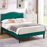 VECELO Full Bed Frame, Platform Bed Frame with Adjustable Height Upholstered Headboard, Heavy-Duty Frames and Strong Wooden Slats Support, Non-Slip and Noise-Free, Easy Assembly, Dark Green