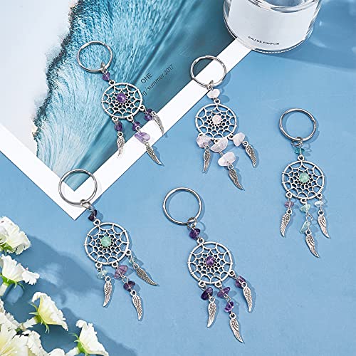 Ph Pandahall 12Pcs Dream Catcher Keychain, 3 Color Natural Chip Gemstone Feather Key Chain Mini Wing Dream Catcher Keyring Lucky Decor For Bag Home Hanging Ring Ornaments Car Pendant #TOP6
