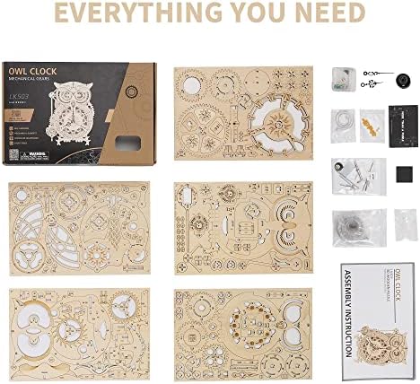ROBOTIME 3D Wooden Puzzle Owl Alarm Clock Model Kits for Adults to Build Your Own Mechanical Building Kits Pendulum Wood Craft