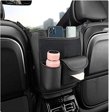 Car Organizer for Mitsubishi Outlander ES/SE/SEL/GT, Large Capacity Leather Storage Bag with Tissue Holder, Cup & Phone Pocket, Multi-Compartment Design Between Car Seats,A Black