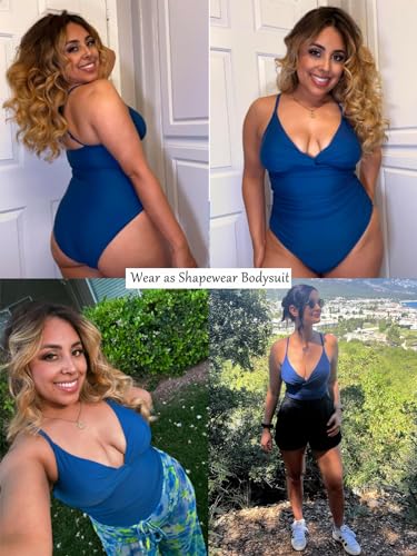 SHAPERIN Women Swimsuit Tummy Control One Pieces Bathing Suits Sexy High Waisted Padded Push Up Swimwear Slimming Monokini Green 2XL — view 2