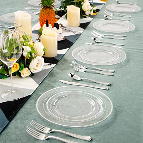 I00000 96 Pieces Clear Silver Plastic Plates, Clear Disposable Plates with Silver Rim Heavy Duty Fancy Wedding Party Plate Include 48 Dinner Plate 10.25" and 48 Dessert Appetizer Plate 7.5" - Thumbnail 5