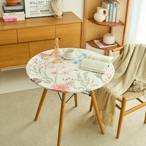 IBEQUEM Round Fitted Tablecloth with Elastic Edge, Waterproof Oil Proof Plastic Table Cover, Vinyl Flannel Backed Table Cloth Fits 60 Inch Round Tables for Dinner, Outdoor, Picnic, Flowers - Thumbnail 7