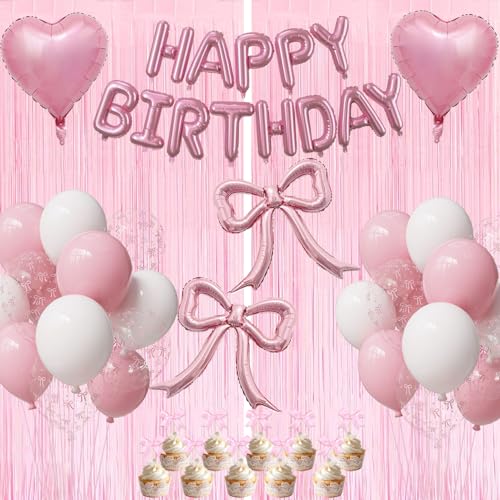 Pink Bow Birthday Party Decorations Kit with Bows Happy Birthday Balloon Banner, Pastel Pink Fringe Backdrop, Heart Balloons and Cake Toppers – Coquette Decor for Girls & Women