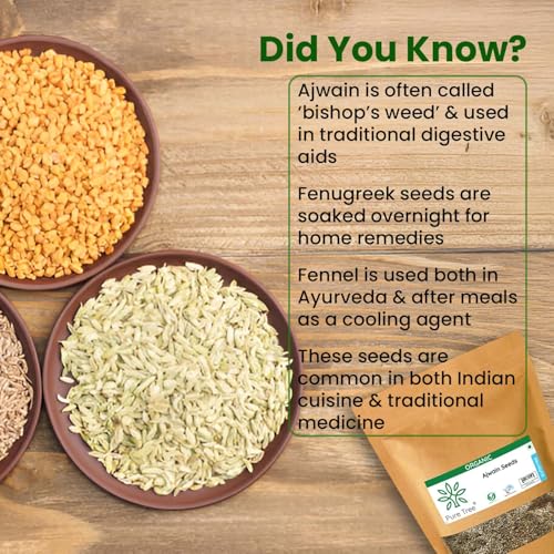 Image of Pure Tree Certified Organic Ajwain 150g, Methi Seeds 250g, Saunf 125g | Glass Jar | Carom, Fenugreek & Fennel | Whole Seeds Vaamu, Methi dana, Variyali Spice Combo Pack