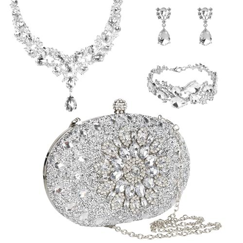 COAIMANEY 4Pcs Rhinestone Jewelry Set & Clutch Purse Evening Bag with Chain