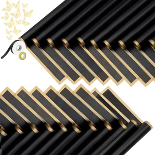 Fnfhsa 20 Hojas de Papel de Regalo de Flores con Borde Dorado, Papel de Embalaje para Ramo, Suministros para Ramo de Floristería (Negro)