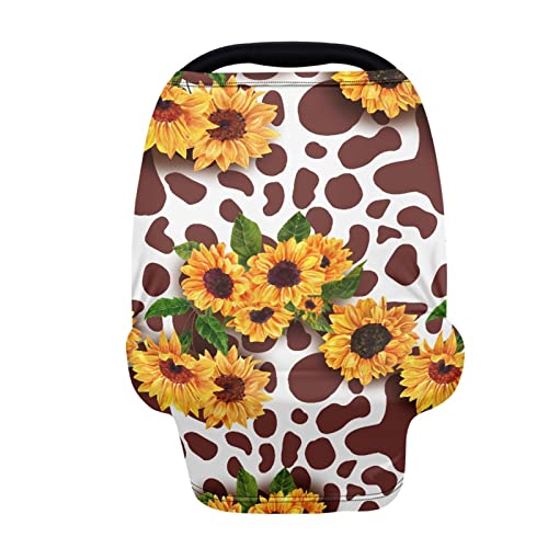 Image of LedBack Brown Cow Sunflower Print Stretchy Car Seat Cover for Babies,Nursing Cover Breastfeeding Cover,Soft Breathable Baby Carseat Canopy