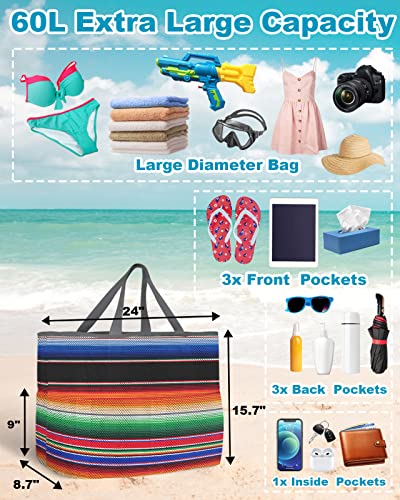 Mexican Serape Colorful Stripes Beach Tote Bag for Women, Ethnic Rainbow Art Print Mesh Beach Bags Waterproof Sandproof, Outdoor Picnic Swim Pool Handbag - Large Beach Bag with Zipper and Pockets3