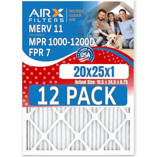 20x25x1 Air Filter MERV 11 Rating, 12 Pack of Furnace Filters Comparable to MPR 1000, MPR 1200 & FPR 7 - Made in USA by AIRX FILTERS WICKED CLEAN AIR.
