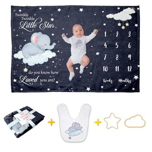 Image of Pavo Baby Monthly Milestone Blanket for Boy Girl - Sleeping Elephant Twinkle Little Star - Elephant Baby Stuff - Premium Shower Gifts for Newborn Essential - 60"x40"