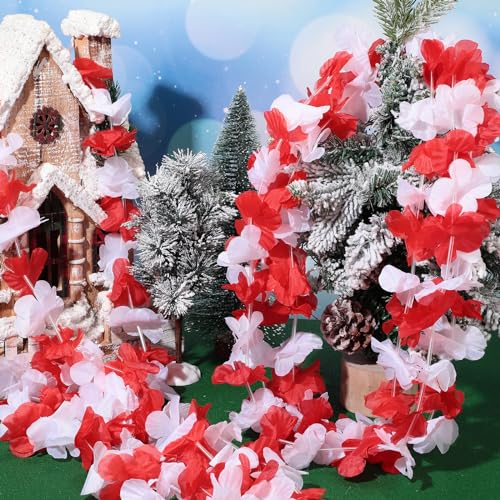 Tigeen 72 Pcs Halloween Christmas Hawaiian Flower Leis Flower Necklace Mexican Tropical Hawaiian Leis Decorations for Luau Holiday Party Favor(Red White)