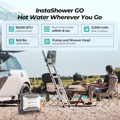 FOGATTI InstaShower GO, Portable Propane Tankless Water Heater 19,000 BTU, with 5000mAh Rechargeable Built-in Battery, DC 12V, Outdoor Camping Shower