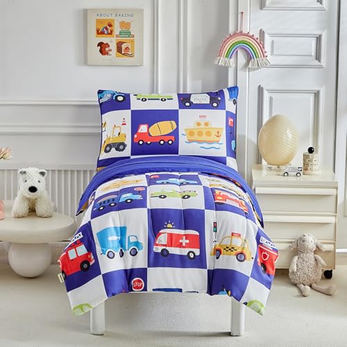 Image of White Navy Toddler Bedding Set for Boys Girls Colorful Cars Vehicle Auto Fire Engine Bulldozer 4PC Toddler Bed Set - Soft Cute Toddler Plaid Patchwork Bed in a Bag with Sheet Set and Pillow Shams