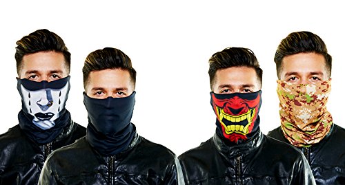 Seamless Outdoor Face/Ski Mask Bandana. Breathable, Dust Proof - Great for Skiing, Snowboarding, Motorcycle, Bicycle, Running, Camping, Hiking (4 PACK, Plain Black, Warchild, Black Tears, Marine)