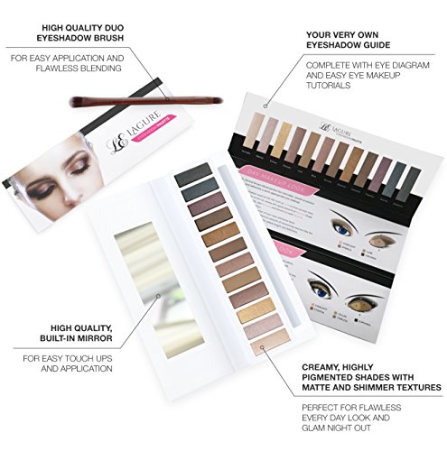 Lagure Eyeshadow Palette & Double-Ended Brush - Matte & Shimmer 12 Colors - Best For Natural, Bronzed Or Smokey Eye Makeup - Highly Pigmented, Vegan, Cruelty Free #TOP2