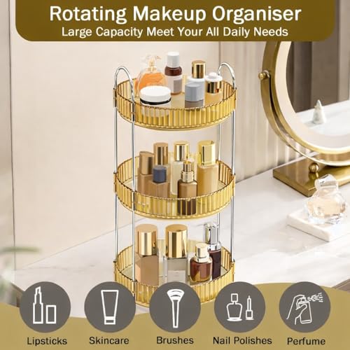 Image of JD FRESH 360 Degree Rotating Makeup Organizer 3 Layer Cosmetic Storage Box Vanity Stand with Drawers for Lipsticks Skincare Perfume Bathroom Countertop Dressing Table Organizer (Light Gold)