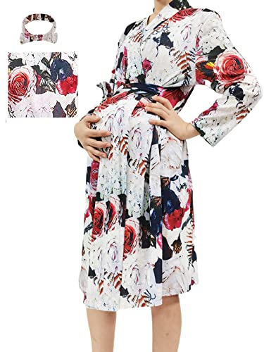 Image of SUFEINI Maternity Robe and Matching Baby Swaddle Blanket Set, Mommy Robe with Receiving Blanket Girls Boys Sleepwear