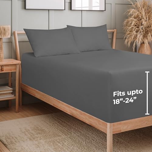 Image of Royale Linens Extra Deep Pocket Full Fitted Sheet Only - Full Size Deep Pocket Grey Fitted Sheet - Fits 18 inch to 24 inch Thick Mattress - Soft & Breathable Elastic Sheets (54x75 Inches, Grey)