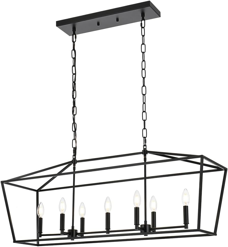 Lantern Island Light 7-Light Black Chandelier Dining Room Light Fixtures Over Table Rectangle Kitchen Island Chandeliers Modern Hanging Light Fixture