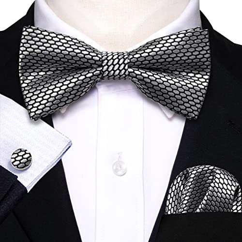 Image of Barry.Wang Paisley Striped Bow Tie for Men Silk Pre-Tied Bowtie Pocket Square Cufflinks Set Formal Wedding Party Prom