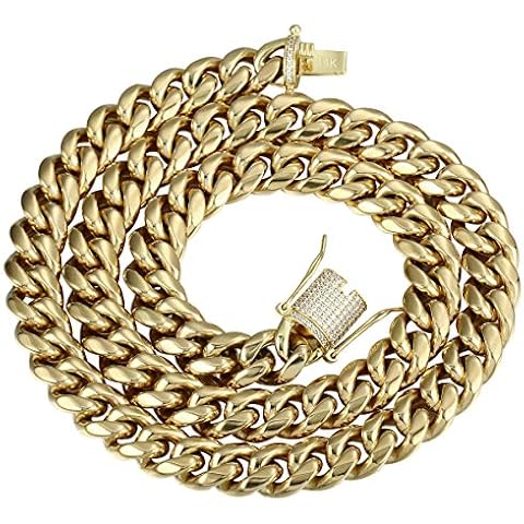 PY BLING 14k Golden Plated Mens Heavy Miami Cuban Link Chain Choker with Lab Diamond Clasp Stainless Steel Hip Hop Thick 8mm-16mm Necklace (14mm,22in) Cover