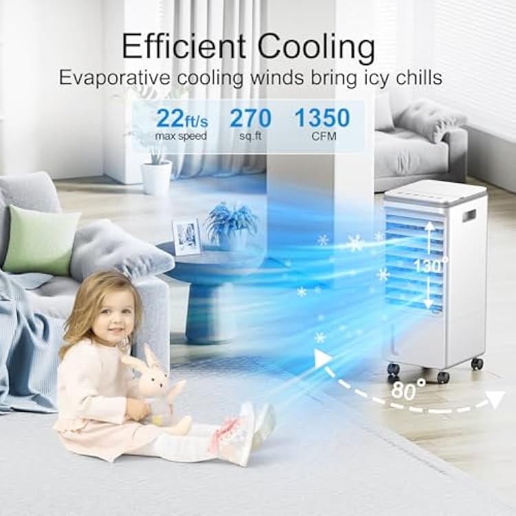 Portable Air Conditioner, Windowless Ac Fan for Room Bedroom Indoor 1.85 Gal Water Tank, 3 Speeds, 80Oscillation,