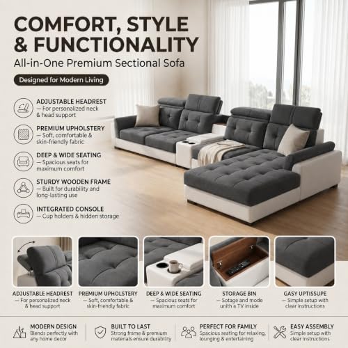 Image of Torque Lunix Modular 5 Seater Sofa with Lounger - RHS-Dark Grey | Premium Fabric Sofa Set with Cushion | L-Shaped 5 Seater Corner Sofa for Living Room Furniture