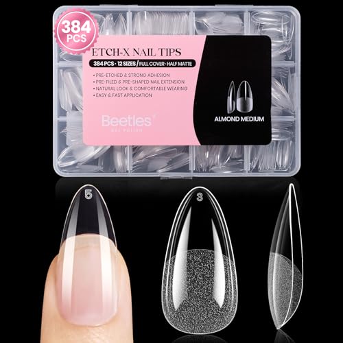 Image of Beetles Gel Nail Tips Etch-X- Almond Medium, 384pcs 12 Sizes, Pre-Etched Half Matte Full Cover Soft Gel Nail Tips, Press on False Nail Extension Acrylic Fake Nails, Easy DIY Salon Art