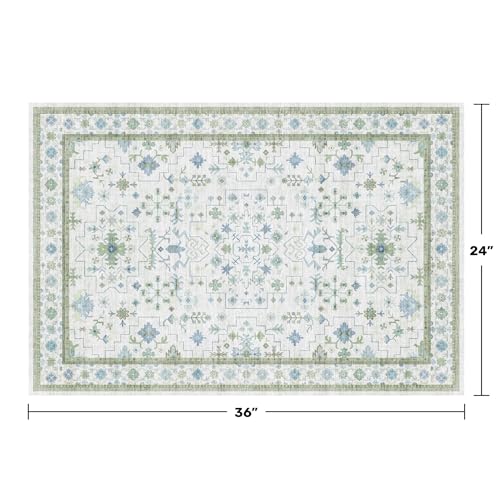Image of Washable Boho Bathroom Rug 2x3 - Small Throw Area Rugs for Powder Room, Laundry, Kitchen, Blue and Green Oushak Modern Eclectic Geometric Floral Pastel Decor, Low Pile Non-Slip Stain Resistant