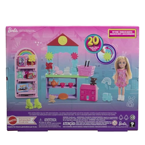 Coffret Barbie Chelsea Can Be… avec petite poupée blonde, comptoir, présentoir et 15 accessoires, comme des mini-jouets, HNY59