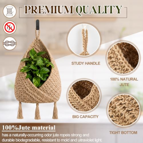 Image of Honeydak 3 Hanging Baskets, Light Linen, Triangular Tassel, Jute