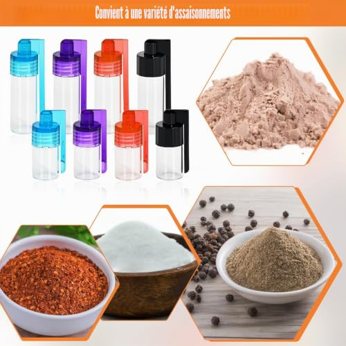 FuxFuis 8 PCS Flacons de Poudre à Épices, Bouteille à Épices Pot a Epices Mini Fiole a Epices avec Cuillere 2 Tailles Outils pour Épices en Poudre avec 1 Entonnoir pour Voyage, Plein Air, Pique-Nique – vue 5