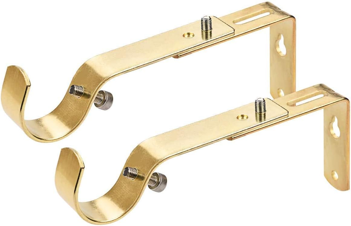 Curtain Rod Brackets, Gold Plated, Metal, Wall Mount, Set of 3, 1 or 1 1/8 Inch Rods, Adjustable 4.3" to 5.8" (Pack of 2)