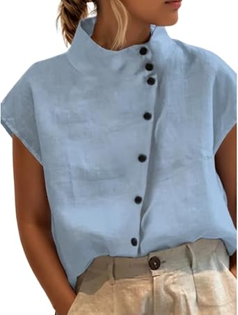 Womens Summer Button Down Lapel Cotton Linen Lightweight Blouse Tops Casual Mock Neck Summer Short Sleeve Shirt for Women