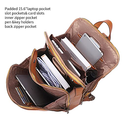 Cluci Womens Backpack Purse Vegetable Tanned Full Grain Leather 15.6 Inch Laptop Travel Business Vintage Large Shoulder Bags Yellowish Brown #TOP2