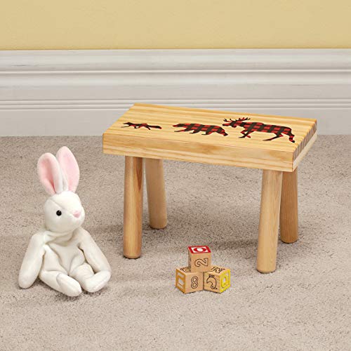 Children's Step Stool, Natural Wood, Buffalo Plaid Design