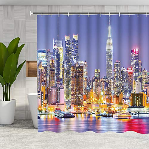 DMTTY New York Shower Curtain Colorful City Night Bathroom Curtain Fabric Bathroom Accessories Polyester with Hooks