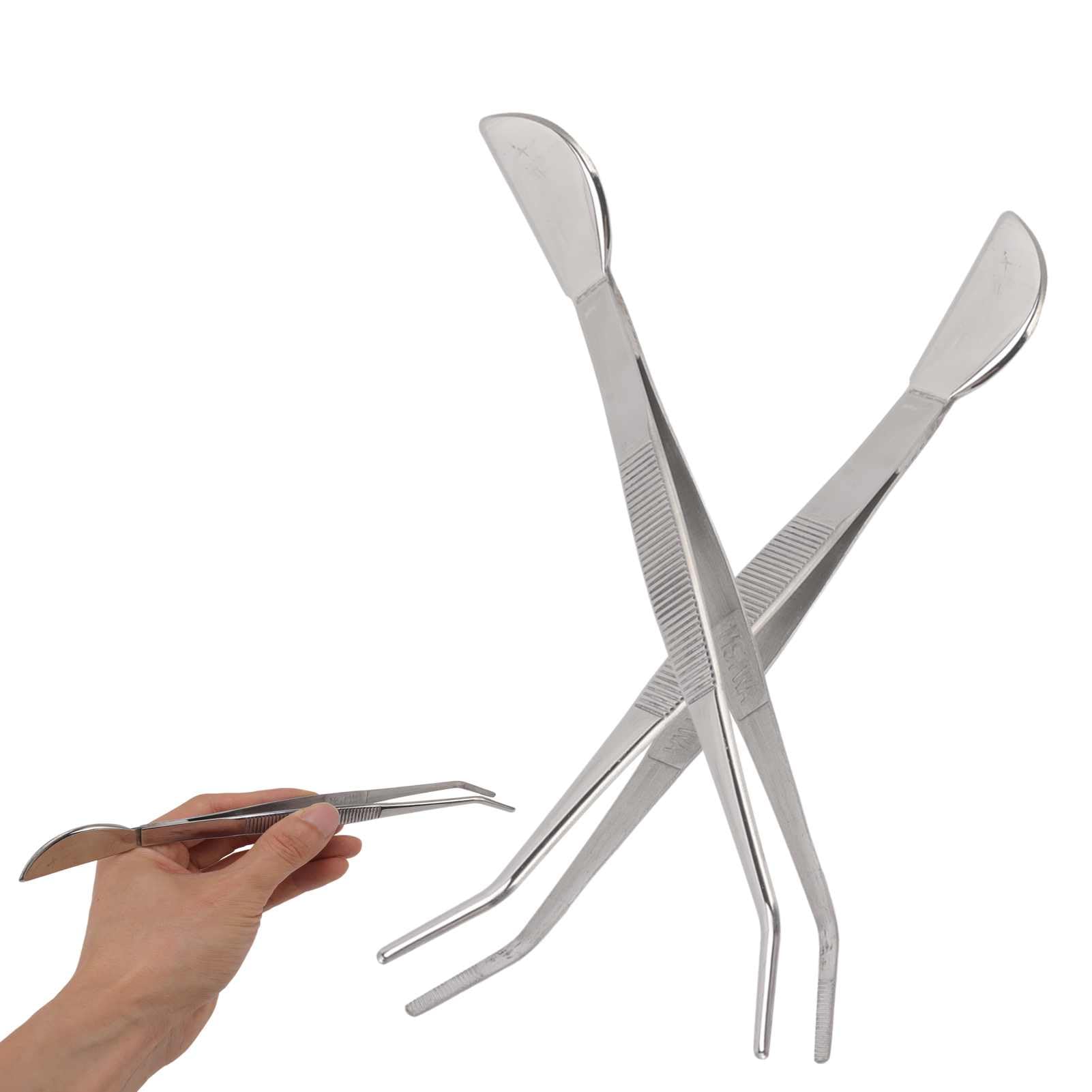 2pcs Bonsai Tweezers,Stainless Steel Long Plant Tweezers with Moon Spatula Head,Bonsai Curved Tip Tweezer with Spatula Stainless Steel Gardening Tweezers for Potted Loosening Soil (Bent)