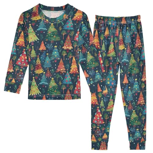 Fustylead Vibrant Colorful Christmas Tree Cotton Pajamas, Snug Fit Long Sleeve Soft Sleepwear Pjs